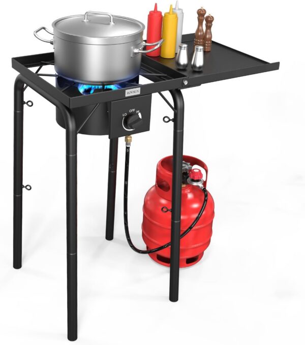 0064d894b314d80f ROVSUN Single Burner Gas Stove with Side Shelf, 100,000BTU Portable Propane Stove with Removable Leg & Regulator for Camping Home Backyard Outdoor Cooking Brewing Canning Turkey Frying