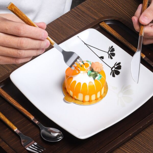 00a7646ebe514865 30pcs Stainless Steel Imitation Wooden Handle Cutlery Set Dinnerware Clamp Western Tableware Knife Fork Tea Spoon
