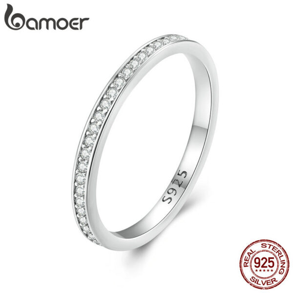 BAMOER Moissanite Wedding Band Sterling Sier Eternity Rings Platinum Plated Lab Created Diamond Stackable Ring for Women