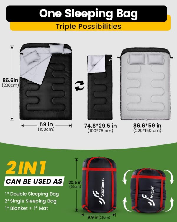 00bf724a51b210dc Sportneer Double Sleeping Bag for Adults with 2 Pillows, Queen Size Two Person Sleeping Bag for All Season, 2 Person Sleeping Bags for Cold Weather Camping Hiking Backpacking