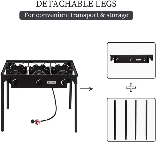 Bonnlo 3 Burner Outdoor Portable Propane Stove Gas Cooker, Heavy Duty Iron Cast Patio Burner with Detachable Stand Legs for Camp Cooking (3-Burner 225,000-BTU)