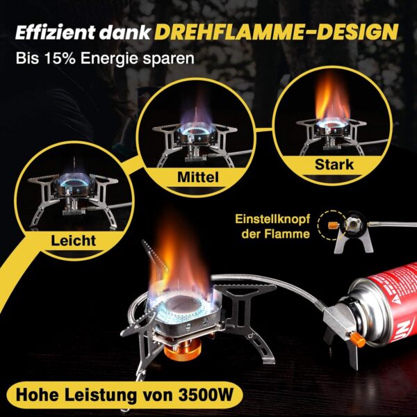 Hikenture Gaskocher mit Piezozündung, Winddichter Camping Kocher 3500W, Faltbarer Campingkocher Gasbrenner für Coleman Primus Kartusche, Kocher Gas Windschutz mit Tragebox für Hiking, Picnic, Outdoor
