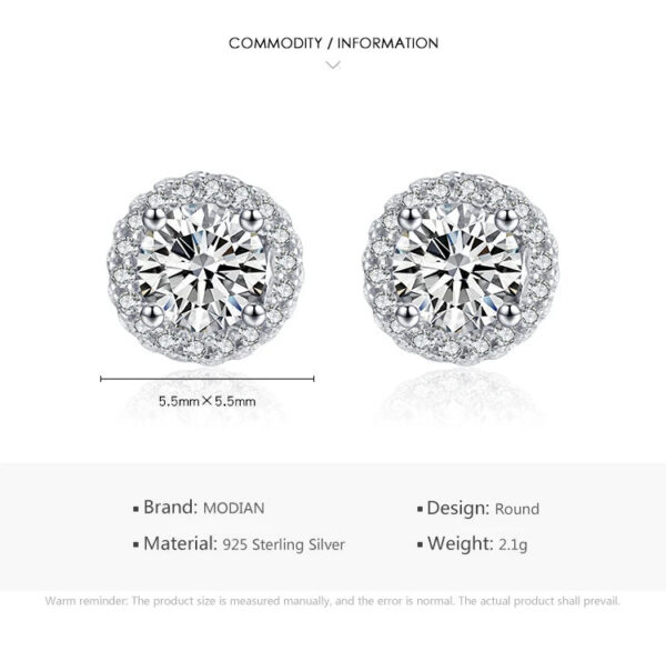 Modian Real 925 Sterling Silver Luxury Simple Cubic Zirconia Stud Earrings for Women Round CZ Wedding Statement Jewelry Gifts