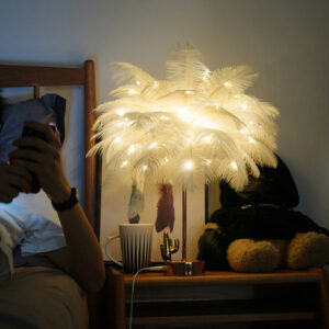 023da004c478fe50 Table Lamp LED Night DIY Creative Warm Light Tree Feather Lampshade Wedding Home Bedroom Decor with Remote Control