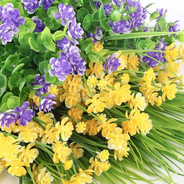 0242bec4bdde68de CEWOR 9pcs Artificial Flowers, UV Resistant Faux Outdoor Flowers, Fake Plastic Flowers for Cemetery Decoration Home Kitchen Bedroom Wedding Party Decor (Yellow, Purple, Green)