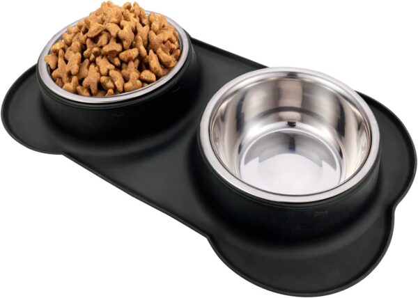 AsFrost Dog Food Bowls Stainless Steel Pet Bowls & Dog Water Bowls No Spill Non Skid, Feeding Bowls with Dog Bowls Silicone Mat for Small Medium Large Size Dogs, Cat Pet Dog Dishes Set, Black, 3 Cup