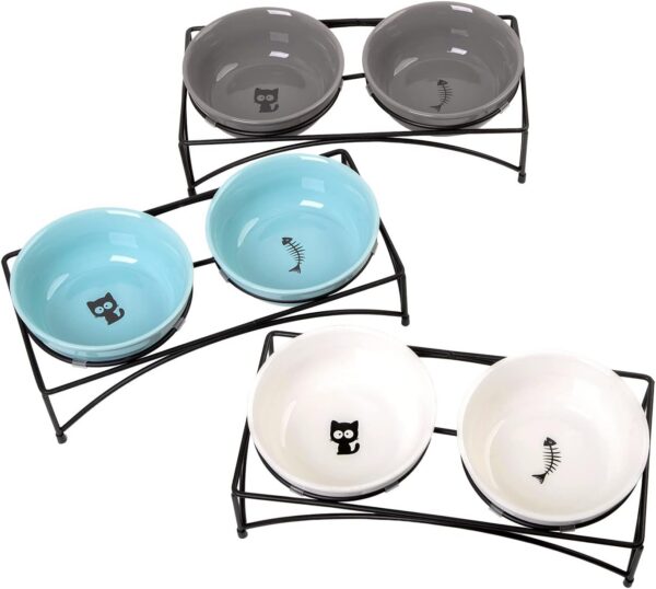 02c46e5e3c6c2f4c FOREYY Elevated Cat Bowls with 2 Ceramic Bowls and 2 Stainless Steel Bowls,Raised Cat Food Water Bowl with Iron Stand,Porcelain Pet Dishes for Cats and Small Dogs,16 Ounces,Dishwasher Safe(Gray)