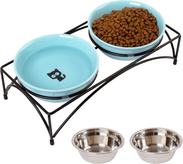 02c59d1d5215ae6a FOREYY Elevated Cat Bowls with 2 Ceramic Bowls and 2 Stainless Steel Bowls,Raised Cat Food Water Bowl with Iron Stand,Porcelain Pet Dishes for Cats and Small Dogs,16 Ounces,Dishwasher Safe(Gray)