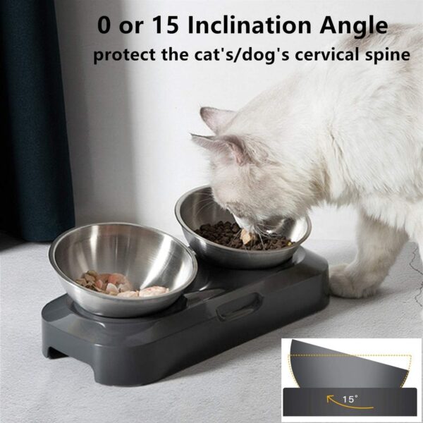 Raised Cat Bowl with Stainless Steel, Non-Slip Silicone Mat & Raised Cat Feeder with 15° & 0° Tilting Neck Protective Bowl for Pets, Cats Food and Water Feeding