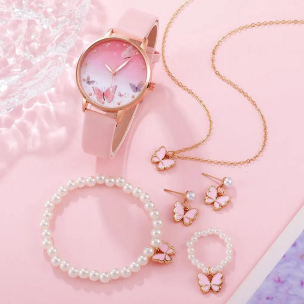 037567b563b183fb 6PCS Set Women Fashion Quartz Female Clock Pink Butterfly Dial Brand Design Ladies Leather Wrist Watch Montre Femme