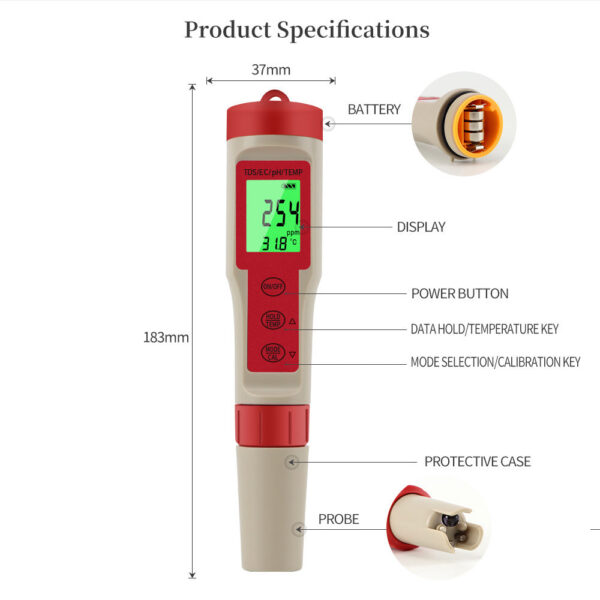 Multifunctional Meter Waterproof Water Quality Tester PH/TDS/EC/Temp Detector PH Test Pen with backlight for Aquarium Pool