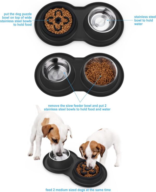 039a39bac91bd318 BurgeonNest Dog Bowl Slow Feeder,4 in 1 Dog Food and Water Bowl with Stand Slow Down Eating Dog Puzzle Bowl Set with Non-Skid Silicone Mat for Small Medium Dogs