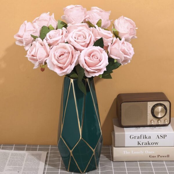 15Pcs Artificial Roses Velet Real Touch Single Stem Fake Roses Silk Realistic Bouquet Flowers Arrangements Home Office Garden Grave Party Wedding Decoration(Light Pink-15p, Blossom Roses)