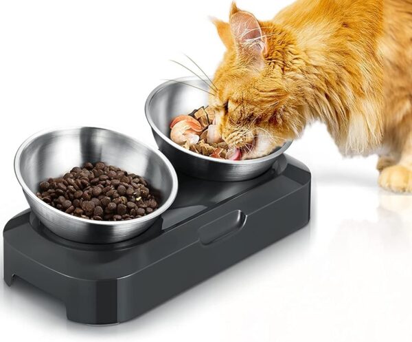 Raised Cat Bowl with Stainless Steel, Non-Slip Silicone Mat & Raised Cat Feeder with 15° & 0° Tilting Neck Protective Bowl for Pets, Cats Food and Water Feeding