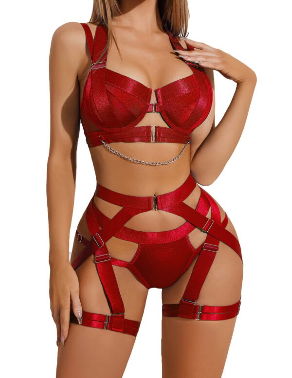 Avidlove for Women Sexy Strappy Underwire Push Up Bra Garter Set Lingerie with Chain
