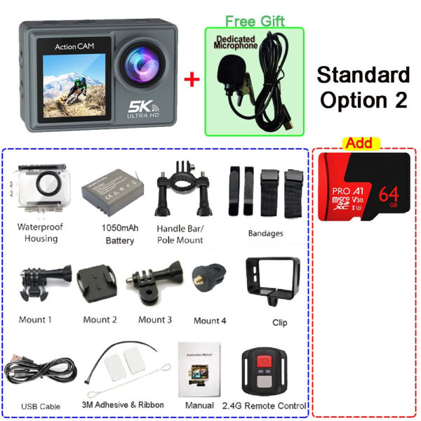 04a4aeef78df7399 5K 4K60FPS Action Camera Dual IPS Touch LCD EIS 170° DVR 30M Waterproof 5X Zoom Sport Camera With Wireless Mic & Pre Recording