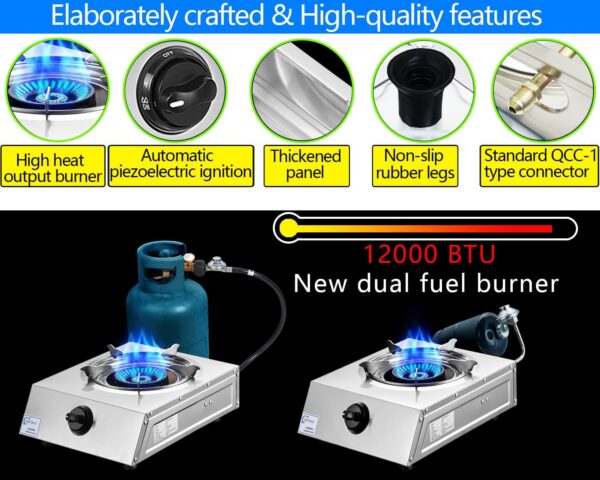 Propane Stove Single Burner Propane Stove 1 Burner 12000 BTU Dual Fuel Auto Ignition with CSA Converter / QCC1 LPG Hose for Emergency Outdoor Cooking