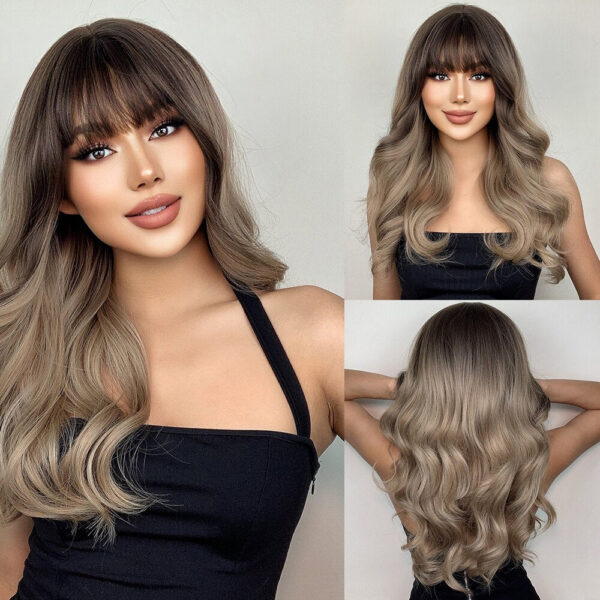 Natural Blonde Yellow Long Wavy Synthetic with Bangs Women Body Wave Afro Female Wigs Cosplay Daily Hair