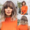 Women Grey Wavy Bob Wigs Bangs Short Blonde Ombre Synthetic Wig With with Dark Roots Natural Hair for Daily Use