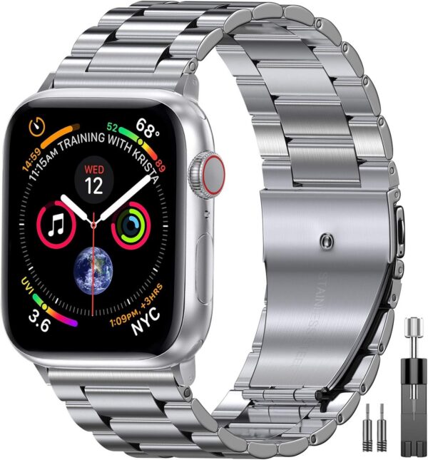 0555ff05e3e3a079 EPULY Compatible with Apple Watch Band 42mm 44mm 45mm 38mm 40mm 41mm, Business Stainless Steel Metal Wristband for iWatch SE & Series 7 6 5 4 3 2 1 for Men Women (Silver, 41mm 40mm 38mm)