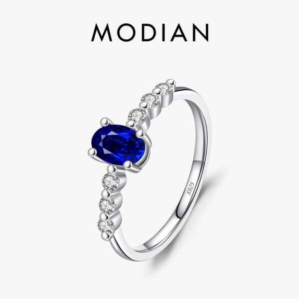 MODIAN 925 Sterling Silver Vintage Exquisite Basic Oval Blue Zirconia Finger Ring for Women Statement Ring Jewelry Gift
