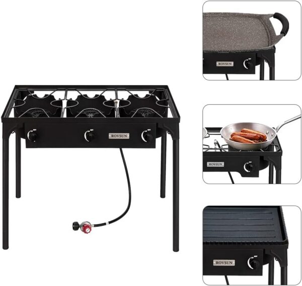 Bonnlo 3 Burner Outdoor Portable Propane Stove Gas Cooker, Heavy Duty Iron Cast Patio Burner with Detachable Stand Legs for Camp Cooking (3-Burner 225,000-BTU)