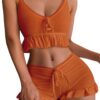 061e6b3d97bc0a8d SweatyRocks Women's 2 Piece Lingerie Set Pama Sets Ruffle Trim Tie Front Cami Top and Shorts Sleepwear