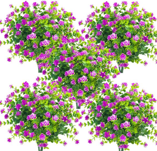 Grunyia 10 Bundles Artificial Fake Flowers, Faux Outdoor Plastic Plants UV Resistant Shrubs Outside Indoor Decorations (Purple-Eucalyptus)