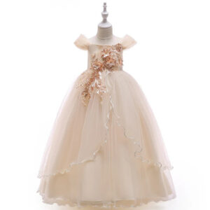 07a4cf270b21fcf2 Off-shoulder Long For Girls Kids Flower Embroidered Wedding Gown Host Performance Dress