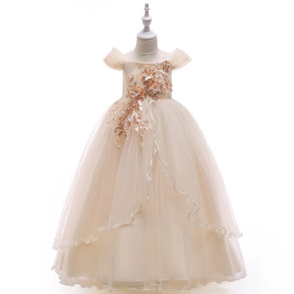 Off-shoulder Long For Girls Kids Flower Embroidered Wedding Gown Host Performance Dress