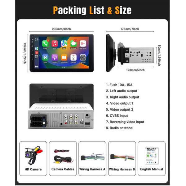 9 Inch Stereo Single Din Radio Apple Carplay and Android Auto,Touch Screen Bluetooth Car Audio with Backup Camera