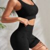 Seamless Yoga Workout Sets for Women 2 Pieces Gym Suits Ribbed Crop Tank High Waist Shorts Outfits Fiess Running