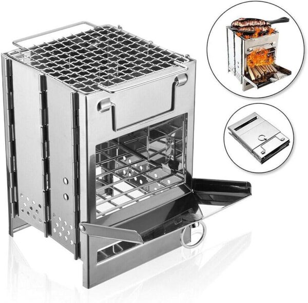 Camping Wood Burning Stove,Stainless Steel Compact Portable Foldable Camping with Ash Catcher,Grill Grid, Storage Bag for Backpacking Hiking Camping Cooking BBQ Picnic (Silver Small)