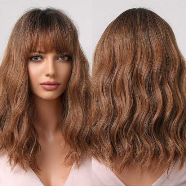 Short Wavy Wigs Women Dark Brown Bob Natural Synthetic Wig with Bangs for Girl Daily Cosplay Use Heat Resistant