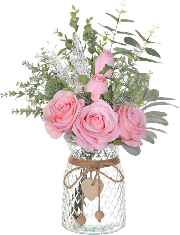 Faux Flowers with Vase,Artificial Silk Roses in Vase, Fake Plant Eucalyptus Flower Arrangement for Home Office Farmhouse Bathroom Dining Table Centerpiece Decorations Coffee Table Decor (Burgundy)