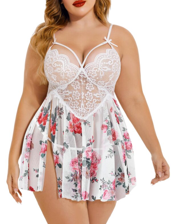 Avidlove Plus Size Lingerie Lace Babydoll Womens Strap Chemise Nightgown V Neck Nighty Mesh Sleepwear Side Slit Nightdress