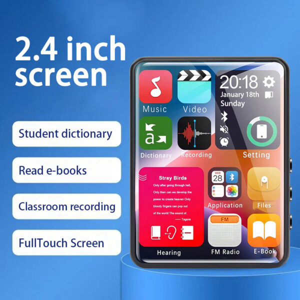 2.4-inch full-screen toucreen MP3 player, mini Mp4 player with Bluetooth, 4-128GB, hi-fi, HD, lossless recording, FM radio, v