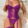 099a13f35f6b4642 Sexy Crotchless Blue Lingerie Women Lace Hollow Bodysuit Erotic Pajamas Teddy Babydoll Dress Deep V Open Bra Porn Underwear Set