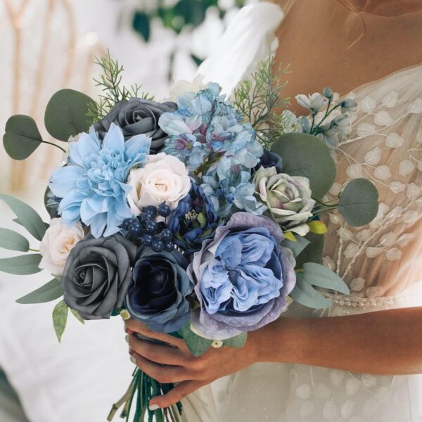 09cd93bc83e291d3 Floweroyal Artificial Flowers Combo Dusty Blue Flowers Mix Silk Flowers Dahlia Roses with Stems for DIY Wedding Bridal Bouquets, Baby Shower, Floral Arrangement, Table Centerpieces, Home Decorations.