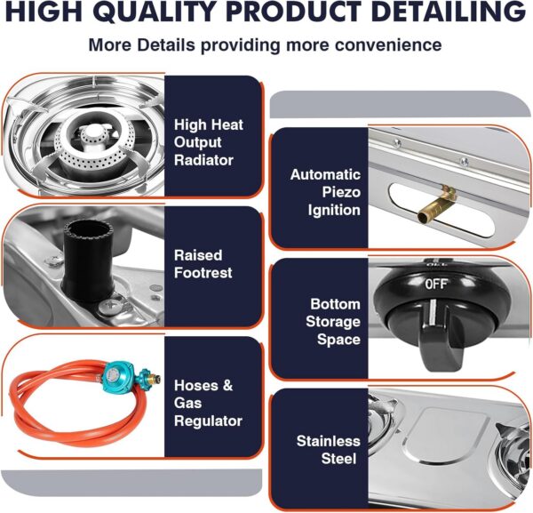 Llamaviva Propane Stove 2 Burner Stove 23000 BTU Gas Stove Auto Ignition Porable Propane Stove with Gas Hose,Stainless Steel panel Stove for Camping Outdoor propane griddle