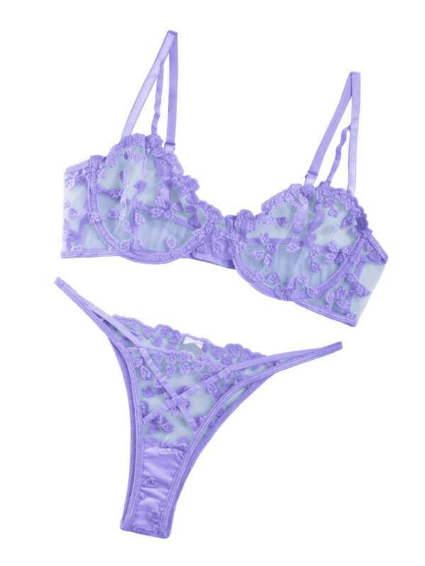 Lilosy Sexy Underwire Cute Push Up Strappy Embroidered Mesh Sheer Lingerie Set See Through Panty Bra