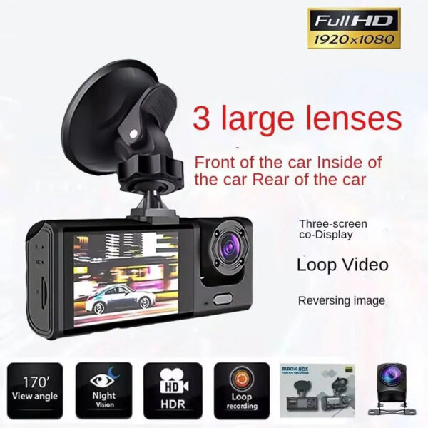 0a4e872dfcba50a6 3 Channel Car DVR HD 1080P 3-Lens Inside Vehicle Dash CamThree Way Camera DVRs Recorder Video Registrator Dashcam Camcorder