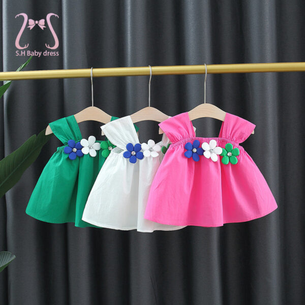 Summer Sweet Baby Girl Sleeveless Dresses Flowers Simple Solid Color Newborn Children Clothes Toddlers Thin Cotton Kids Costume