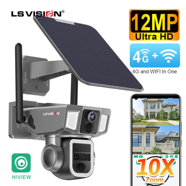 0aa8409e32137b66 LS VISION 12MP 6K 10X Zoom Dual Screen Solar Camera Outdoor 4G/WiFi 2 In 1 Three Lens Dual PIR Detection Auto Tracking CCTV Cam