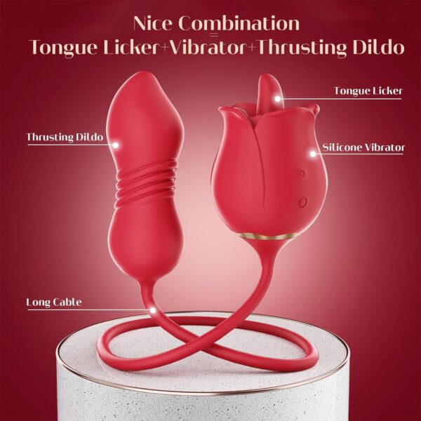 Rose Vibrator - 3in1 Toys Stimulator Women with 9 Tongue Licking & Thrusting Dildo G Spot Vibrators, Adult Anal Sex Toy Games Clitoral Nipple Licker for Woman Man Couples