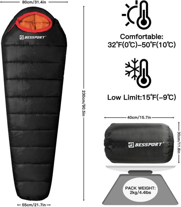 0ad85a13124aba1d Bessport Mummy Sleeping Bag | 15-45 ℉ Extreme 3-4 Season Sleeping Bag for Adults Cold Weather– Warm and Washable, for Hiking Traveling & Outdoor Activities