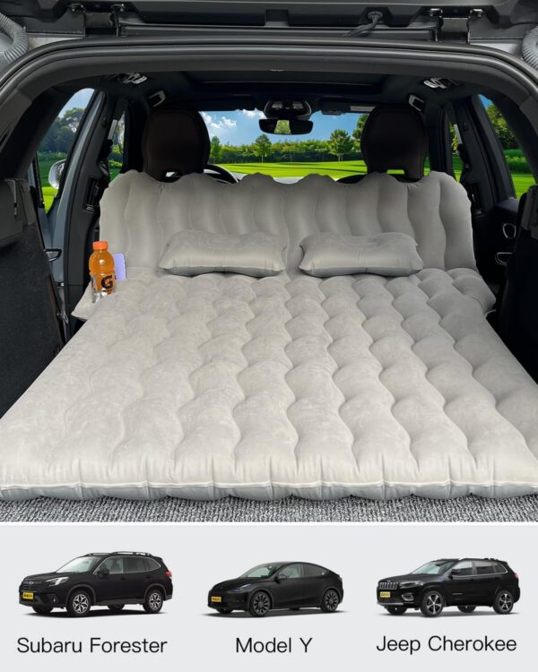 0b6adb97d6b250b8 SUV Air Mattress with Cup & Phone Holder, Flocked-Top Inflatable Car Mattress with Two Air Pillows & Electric Air Pump, Ideal SUV Mattress for Camping, Travel, and Road Trips (Grey)