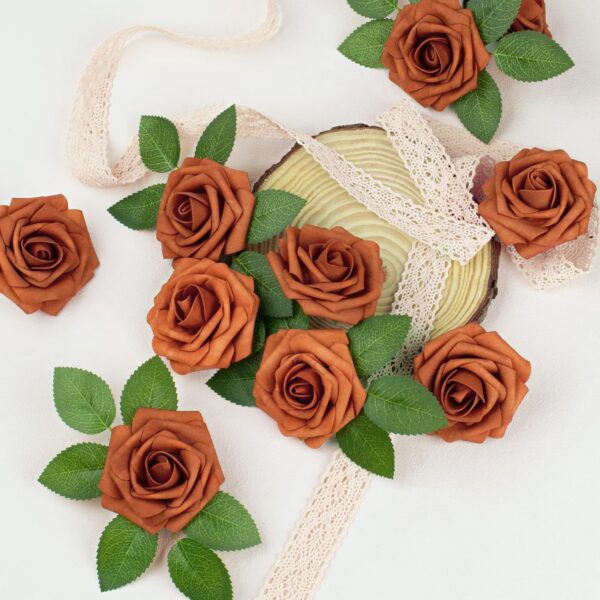 Mocoosy 50Pcs Artificial Rose Flowers, Burnt Orange Fake Roses for Decorations, Real Touch Terracotta Foam Rose Bulk with Stems Rust Floral Arrangements Wedding Valentine's Day Party Home Table Decor