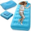 Kids Sleeping Pad for Camping Air Bed Flocked Surface with Inflatable Pillow Camping Air Mattress for Backpacking Travel Sleepover Outdoor Tent Guest(Sky Blue)