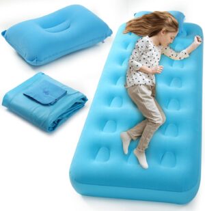 Kids Sleeping Pad for Camping Air Bed Flocked Surface with Inflatable Pillow Camping Air Mattress for Backpacking Travel Sleepover Outdoor Tent Guest(Sky Blue)
